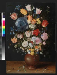 Un vase en grès avec des fleurs, vers 1607-8